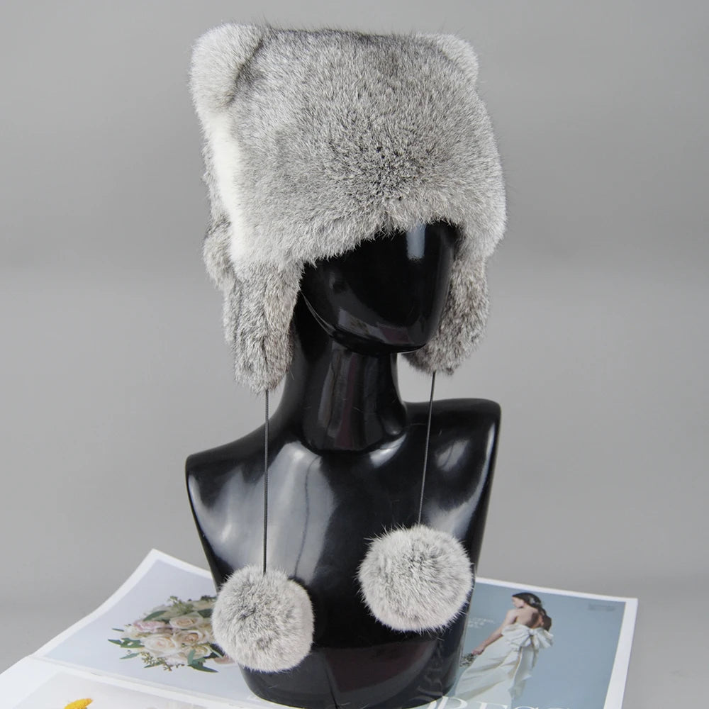 Lux Real Rabbit Fur Bomber Hat for Women with Pom Pom Warm Winter Cap ❄️🐰