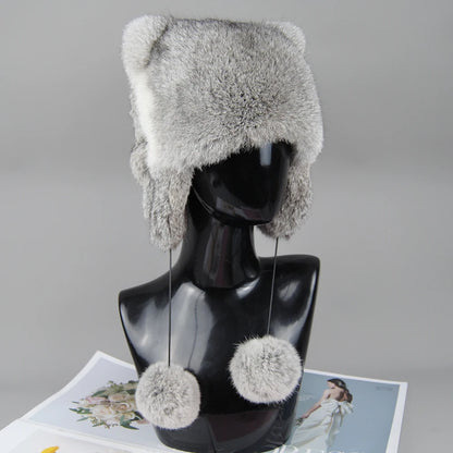 Lux Real Rabbit Fur Bomber Hat for Women with Pom Pom Warm Winter Cap ❄️🐰