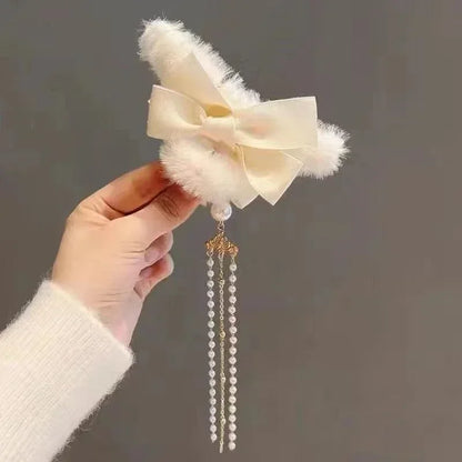 🎀 Plush Bow & Tassel Hair Claw Clips ✨ Cute Korean Style for Girls - Perfect Fall & Winter Accessory! 🦈