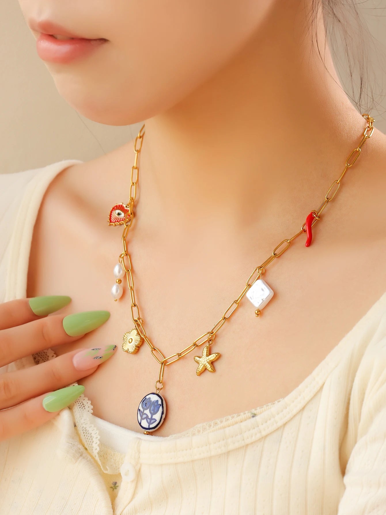 Enchanting Tulip Ceramic Pendant Necklace With Pearl Eye Flower Starfish Charm In Stainless Steel Women Jewelry 💎🌷🐚