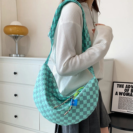 Kawaii Plaid Half Moon Messenger Bag 🌈✨ Cute & Casual Shoulder Bag for Weekend Adventures! 👜💕