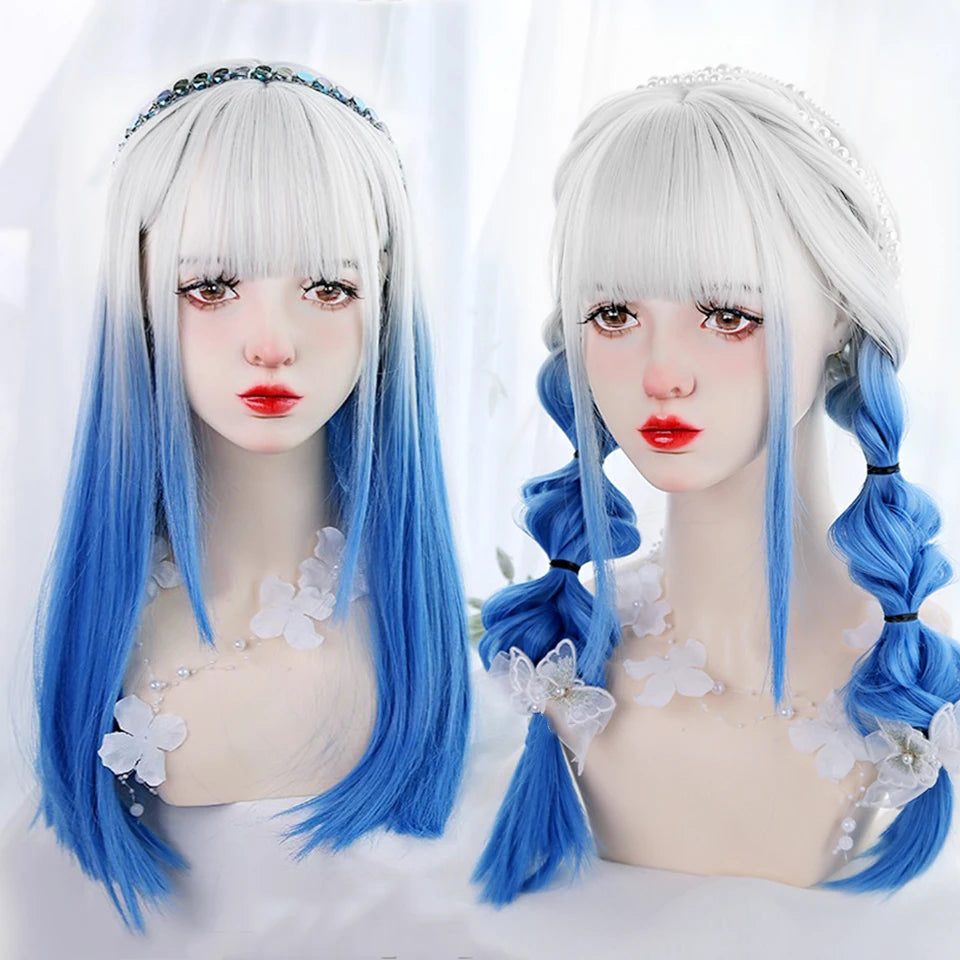Cute Ombre Blonde & Black Double Ponytail Lolita Wig 🎀✨ - Kawaii Cosplay Hair with Bangs for Harajuku Style! 💖👸