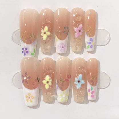 Kawaii Shimmering 10Pcs Handmade Press-On Nails ✨💖 Bowknot Design Coffin Style - Cute & Elegant Full Cover Nail Tips!