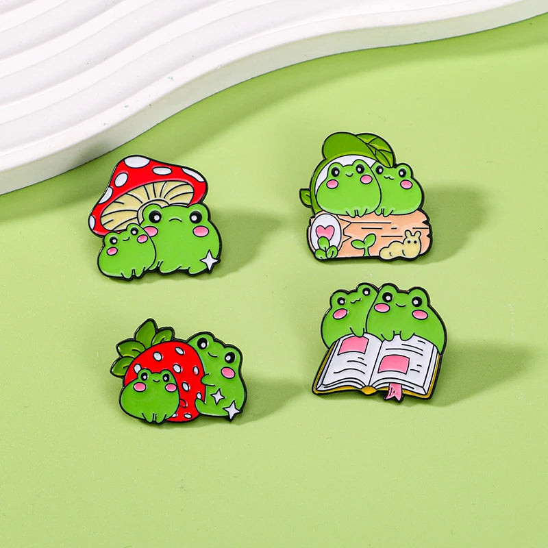 🍓🐸 Adorable Kawaii Strawberry & Frog Couple Enamel Pins - Cute Backpack Brooches! 🌟
