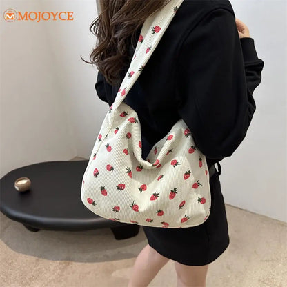 Strawberry Printed Shoulder Bag Corduroy Crossbody Bag Large Capacity Women Tote Bag Aesthetic Commuting Satchel Handbags Bolsas - Pixie Quill