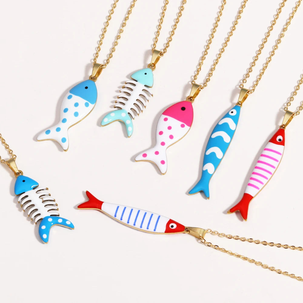 Cute Colorful Enamel Fish Pendant Necklace For Women Waterproof Gold Tone 🐟💖🌊