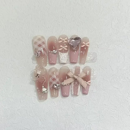 Kawaii Love Bow Rhinestone Press-On Nails 💖✨ | 10Pcs Handmade Coffin Nail Set for Adorable Manicures 💅🌟