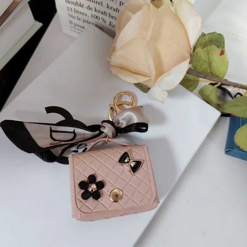 Korean Floral Bow Earphone Storage Keychain Bag Charm Leather Coin Purse 💖👜