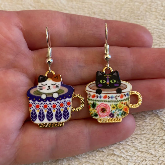 Kawaii Cat Cup Drop Earrings 🐱☕✨ - Adorable Dangle Jewelry for Women & Girls! Perfect Gift for Parties!