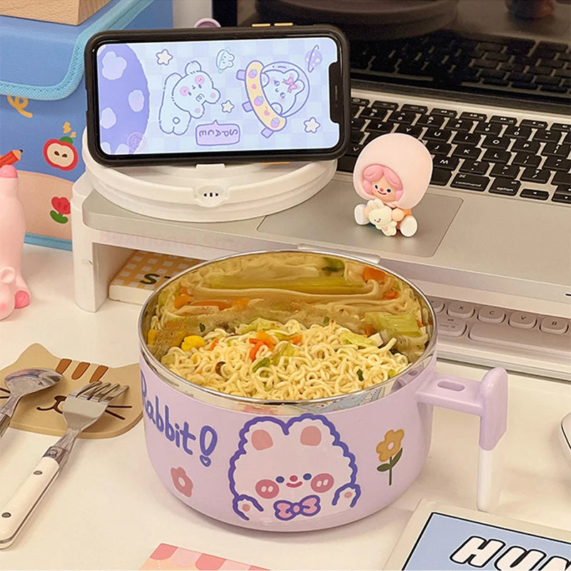 🐰 Adorable Stainless Steel Noodle Haven 🍜 - Portable Bento Bowl with Handle for Happy Lunches! - Pixie Quill