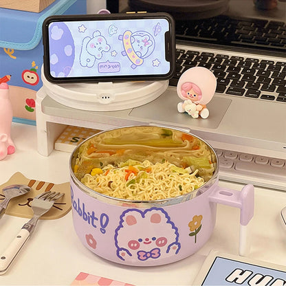 🐰 Adorable Stainless Steel Noodle Haven 🍜 - Portable Bento Bowl with Handle for Happy Lunches! - Pixie Quill