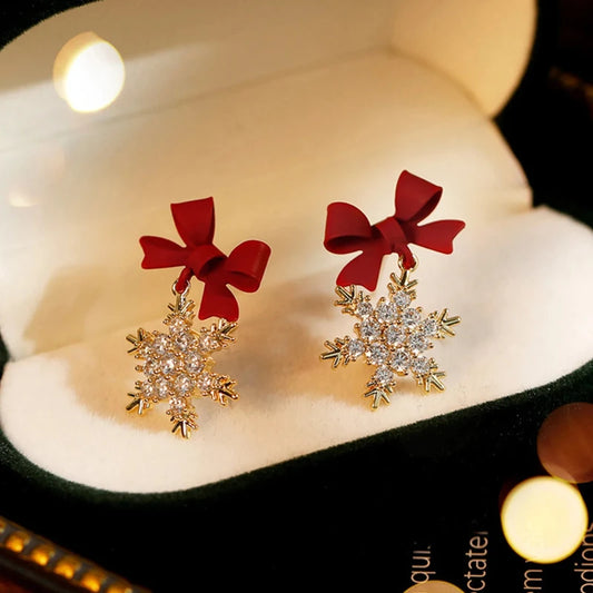 Red Bow Snowflake Drop Earrings For Women Christmas Gift Adorable Jewelry 🎀❄️