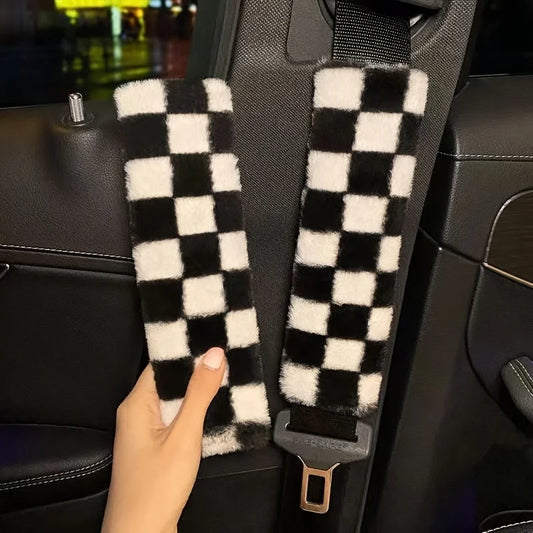 Kawaii Chessboard Grid Seat Belt Covers 🎉🐻 2pcs Cute Cartoon Shoulder Pads for Cozy Car Vibes 🚗✨