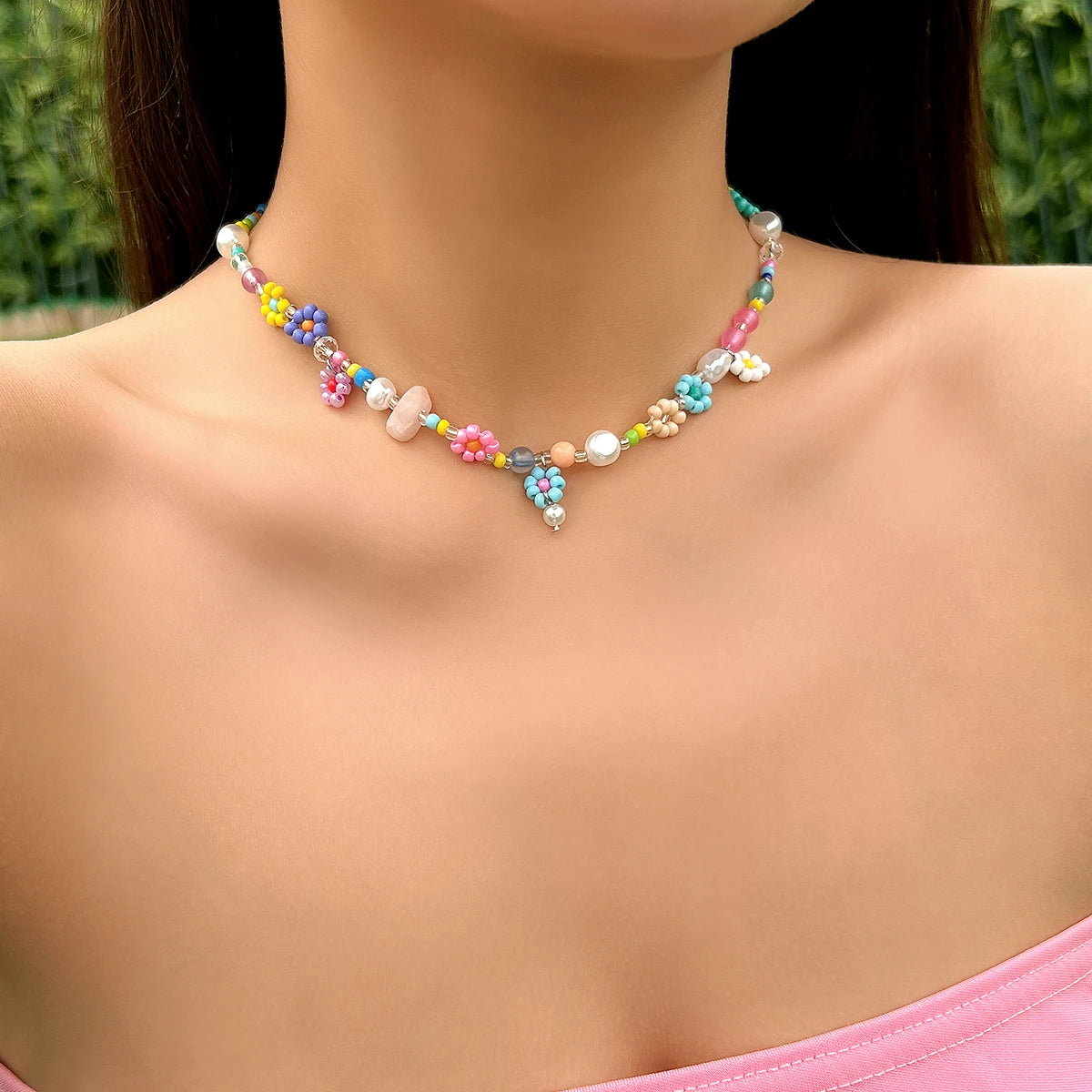 Kawaii Rainbow Baroque Pearl Choker 🌈✨ | Handmade Seed Bead Floral Necklace for Trendy Women 🌸💖