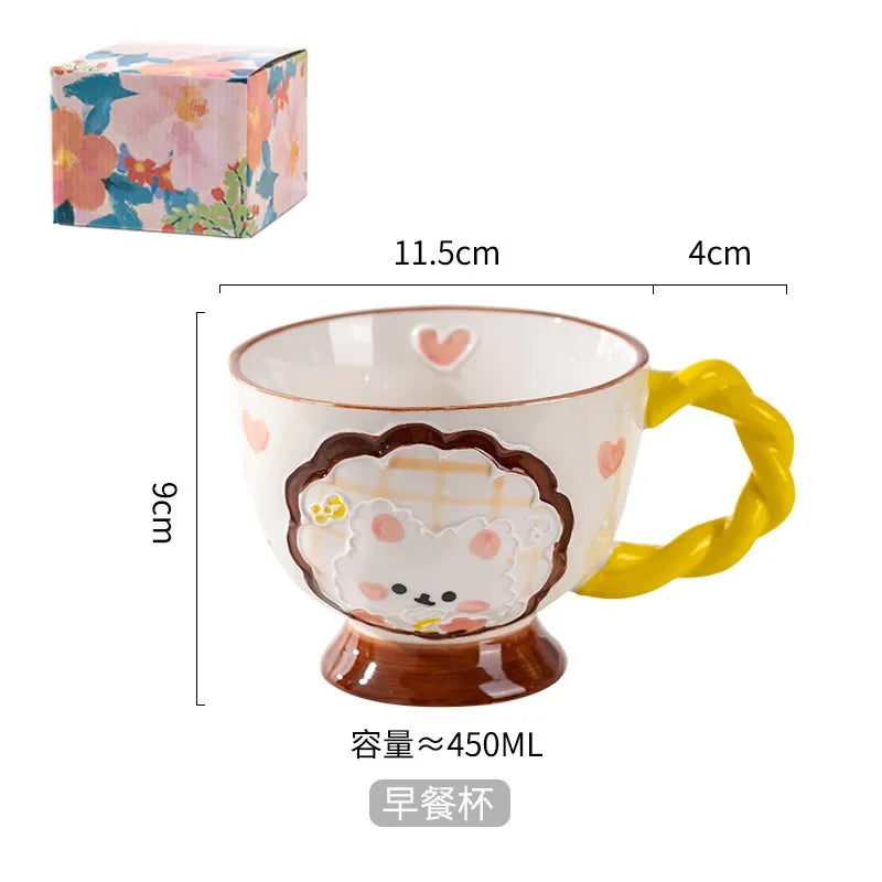 Charming Kawaii 450ml Hand-Painted Ceramic Mug ☕️✨ Cute Breakfast Oatmeal Cup for Joyful Mornings! 🎉