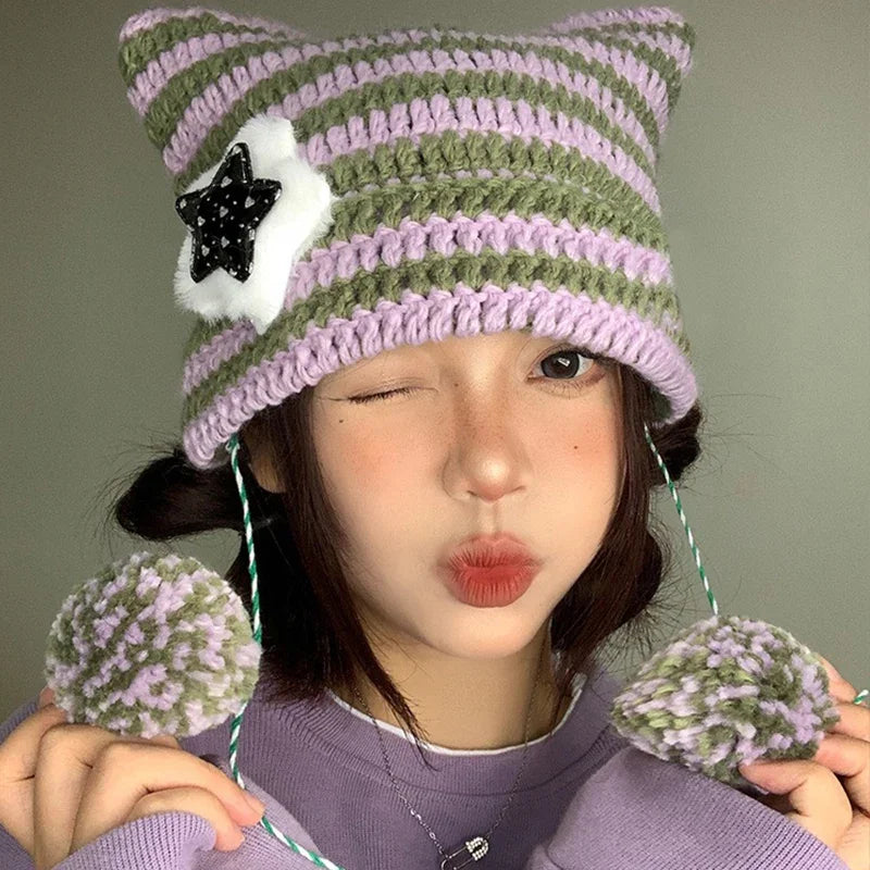 Y2K Cute Star Devil Knitted Beanie Hat Ins Skullies Striped Knitting Wool Cap Autumn Winter Cat Ears Pointed Pullover Women Hats