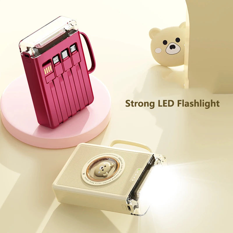 Kawaii 20000mAh Mini Power Bank 🐾✨ Cute Pet Cartoon Design with 4 Built-in Cables & LED Light!