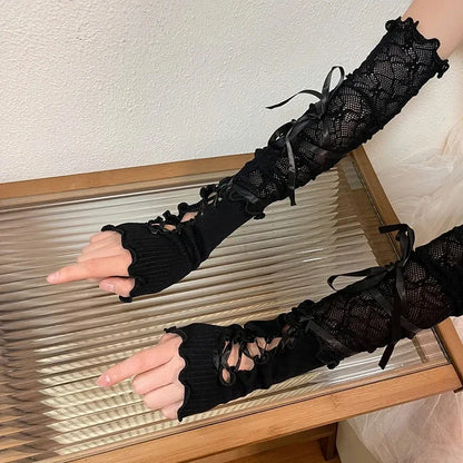 Gothic Lolita Lace Fingerless Gloves Black Mesh Sleeve Accessory Punk Style 🖤