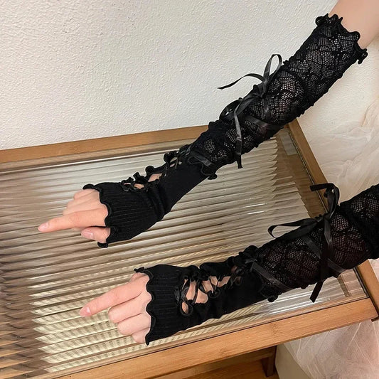 Gothic Lolita Lace Fingerless Gloves Black Mesh Sleeve Accessory Punk Style 🖤
