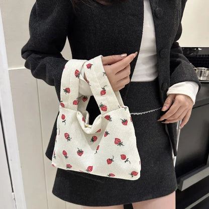 🍓 Adorable Strawberry Delight Tote Bag 🌟 Cute Corduroy Handbag for Trendy Ladies! - Pixie Quill