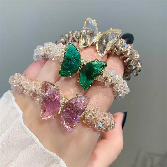 Kawaii Crystal Butterfly Hair Tie 🦋✨ | Luxurious Beaded Elastic Hair Band for Women & Girls | Exquisite Ponytail Accessory 🎀