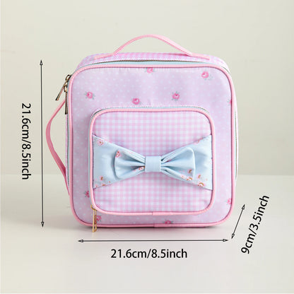 Kawaii Insulated Lunch Tote 🍱🌸 Cute Floral Canvas with Polka Dots & Blue Plaid Bow 🌼🎀 Portable Zipper Bag with Handle