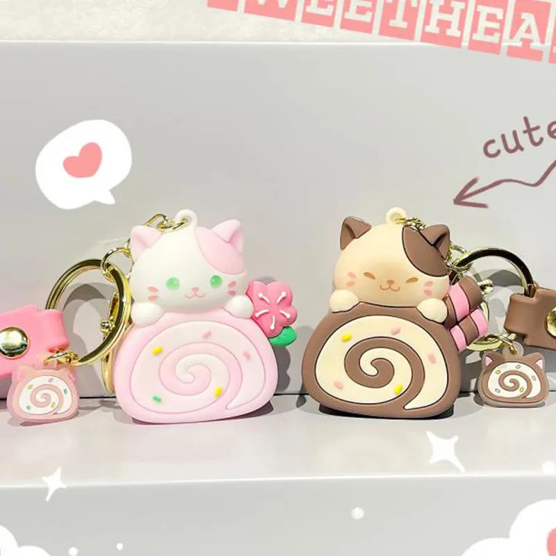 Cute Cat Keychain Charm PVC Cake Roll Key Ring For Bags And Gifts 🐱🍰🎀
