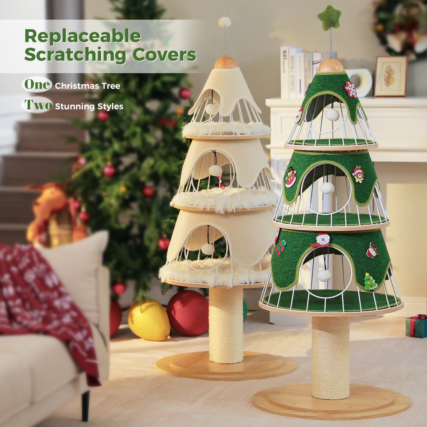 Christmas Cat Tree Tower With 4 Tiers, Wood Post, 3 Condos, Replaceable Mat 🐾🎄