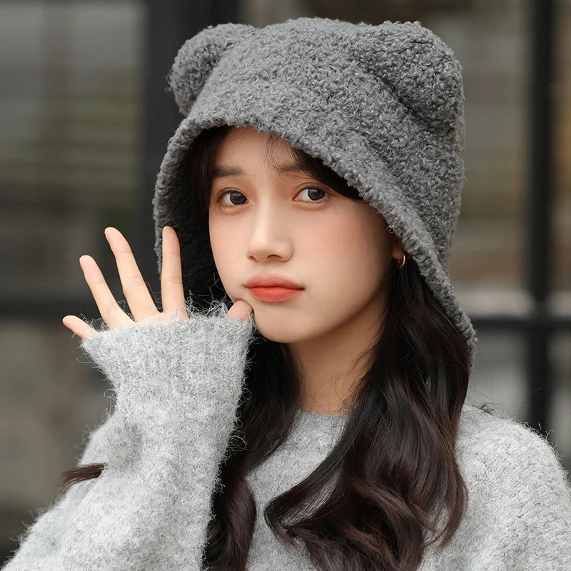 Kawaii Cozy Bear Beanie 🐻✨ - Thicken Warm Winter Hat for Women, Cute Travel Pullover Cap! 🌟