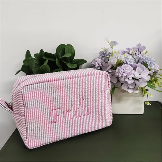 Kawaii Personalized Seersucker Makeup Bag 🎀✨ | Custom Embroidered Name | Cute Bridesmaid Gift 💖💄