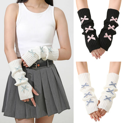 Y2K Bow Fingerless Gloves For Women Knit Arm Warmers Hands Free Winter 😺🧶❄️