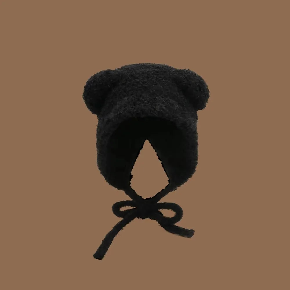 Kawaii Bear Ear Knitted Wool Hat 🐻❄️ | Cozy Winter Bomber Cap with Lace-Up Design for Warmth!