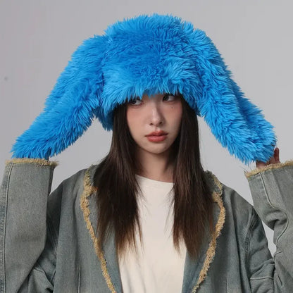 Kawaii Bunny Ears Plush Hat 🐰✨ | Cozy Faux Fur Skull Cap for Women - Perfect for Parties & Daily Wear!