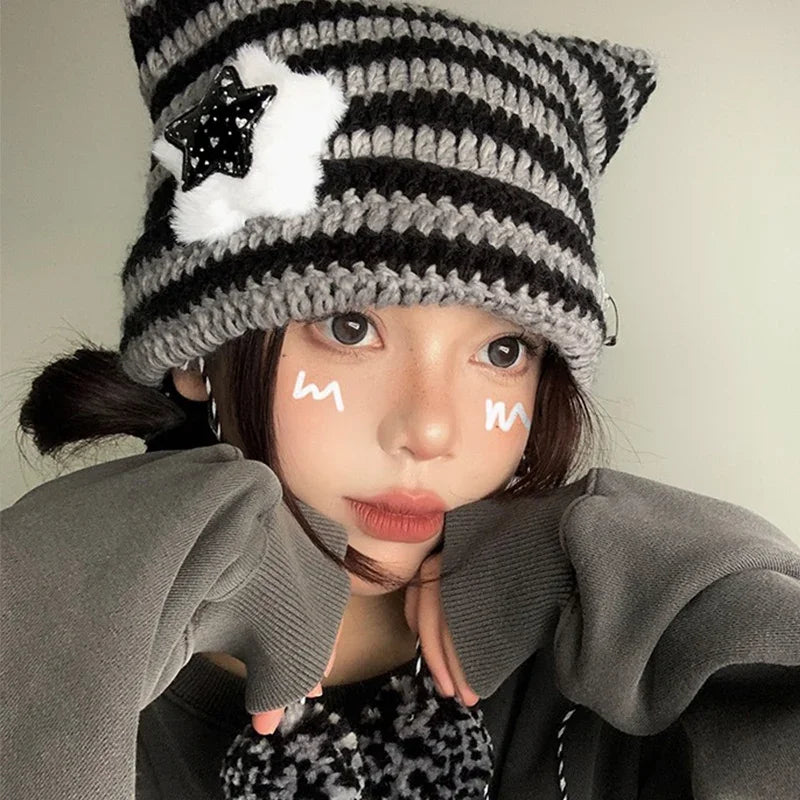 Y2K Cute Star Devil Knitted Beanie Hat Ins Skullies Striped Knitting Wool Cap Autumn Winter Cat Ears Pointed Pullover Women Hats