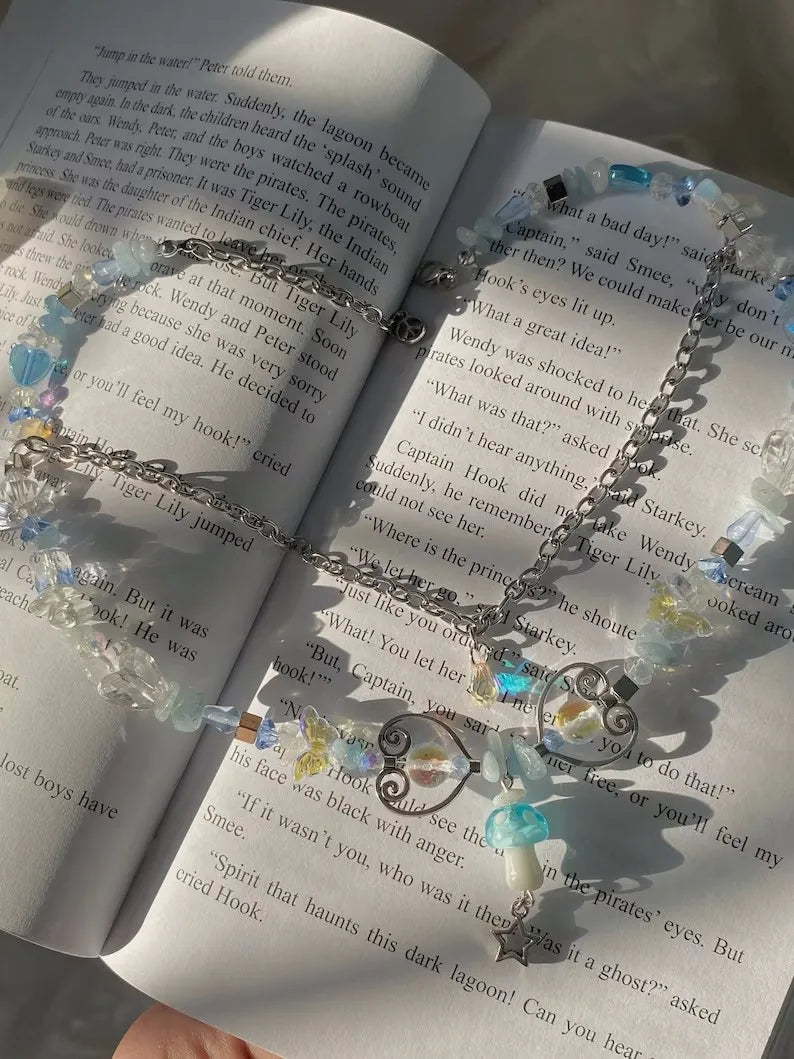 Kawaii Blue Mushroom Crystal Choker 🌈✨ | Grunge Aesthetic Pendant Necklace for Dreamy Fashion Lovers 🍄💖
