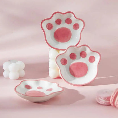 Adorable Cat's Paw Ceramic Sauce Dish 🍜✨ Kawaii Dessert Plate for Dips & Seasonings 🐾🌸