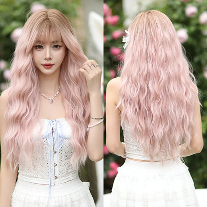 Kawaii Dreamy Sakura Pink Wavy Wig 🌸✨ | High-Density Curly Hair with Bangs for Sweet Girls 💖🎀
