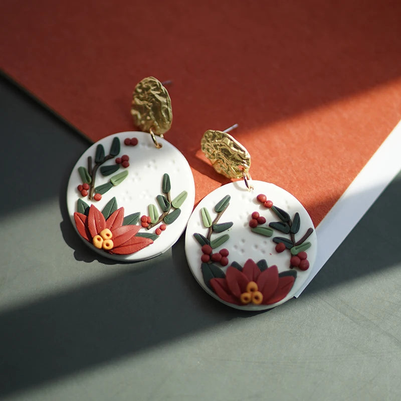 Handmade Floral Wreath Polymer Clay Pattern Earrings Set Multi Color Christmas Dangle Jewelry 🎄🌸✨