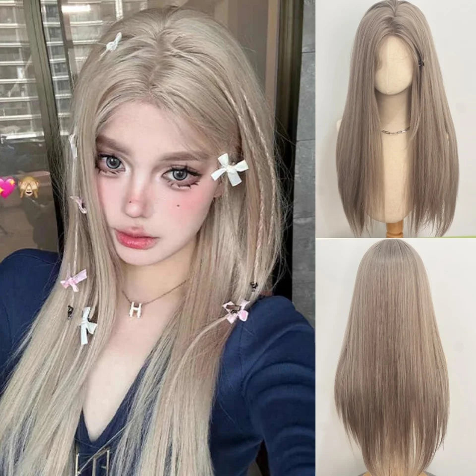 Enchanting Ombre Kawaii Wig 🌈✨ - Long Straight Lolita Style with Bangs in Glacier Blue & Blonde!