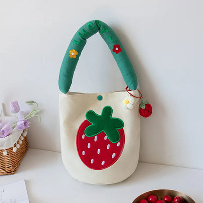 Kawaii Strawberry Embroidery Canvas Bucket Bag 🍓✨ - Cute Summer Handbag for Women with Pendant & Fashionable Letter Design!