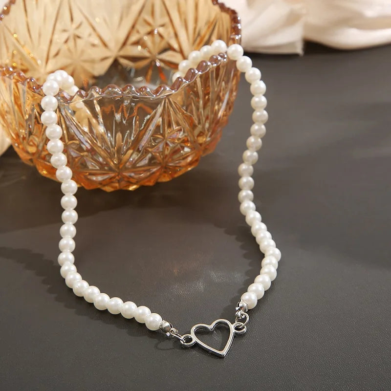 Kawaii Vintage Heart Pendant Necklace 💖✨ - Trendy Pearl & Link Chain Jewelry for Women 🎀 Perfect Gift!