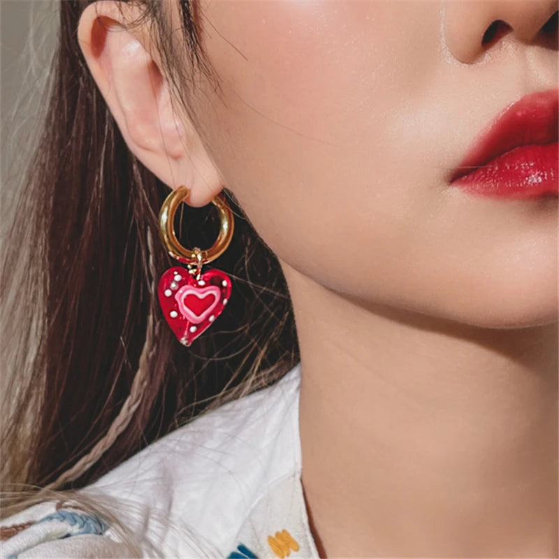 Kawaii Sweetheart Red Glass Heart Drop Earrings 💖✨ - Adorable Asymmetrical Jewelry for Party Girls!