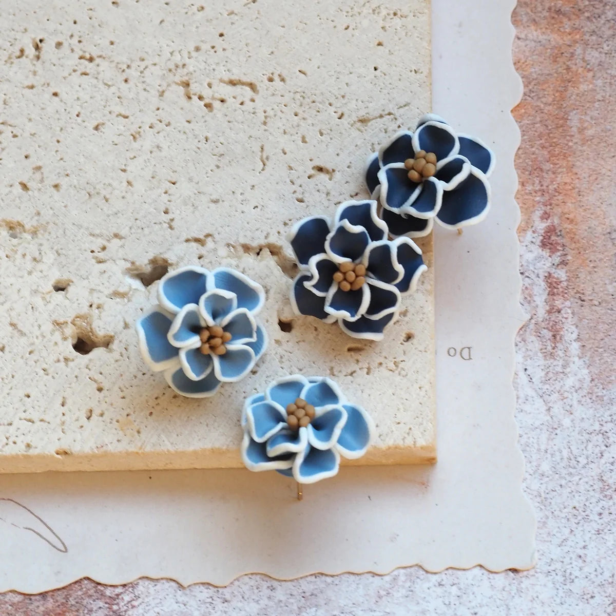 Navy Blue Flower Polymer Clay Dangle Earrings Cute For Women 💙✨