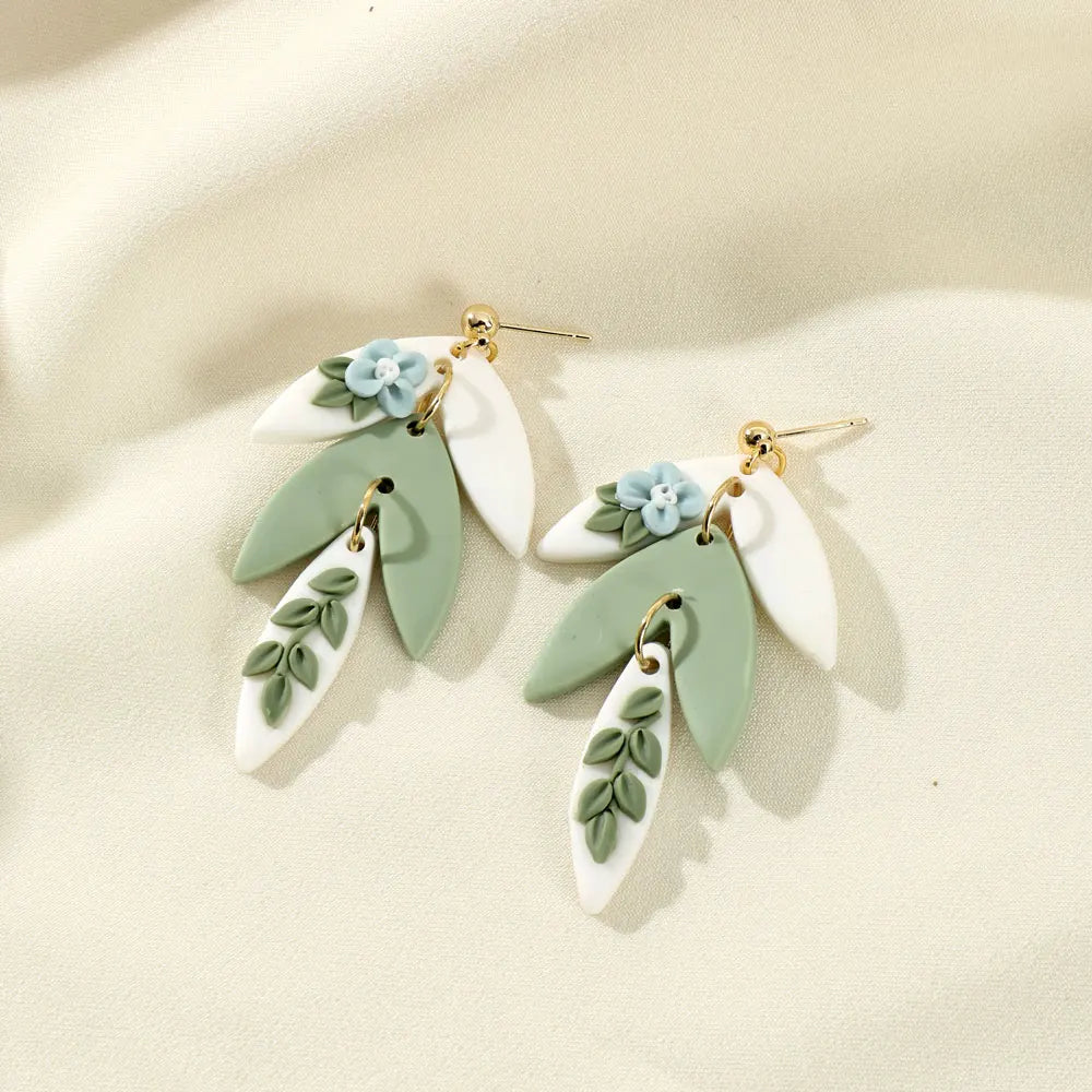 3D Handmade Flower Leaf Polymer Clay Drop Earrings In Green Blue Collision Color For Women Jewelry Gifts 🌿💙🌸