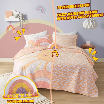 🌈 Sunny Smiles Reversible Quilt Set ☁️ | Adorable Cotton Bedding for Kids 🛏️✨