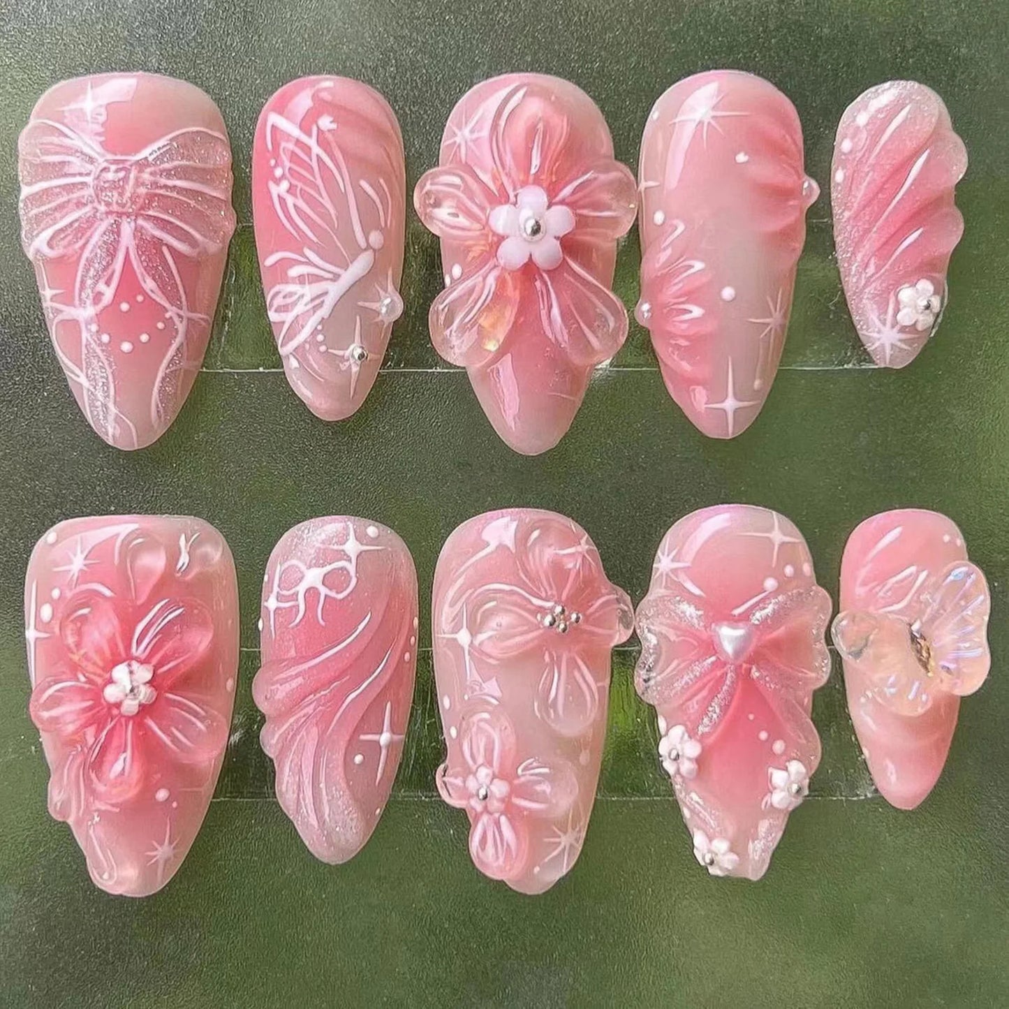 Kawaii 24Pcs Blush Pink Almond Press-On Nails 🌸✨ with 3D Bow Knot Decor - Sweet Glossy Full Cover Tips for Creative Nail Art! 💖💅