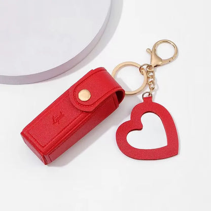 Kawaii Leather Lipstick Keychain Pouch 💄✨ - Cute Makeup Holder with Mirror & Zipper Closure! 👜💕