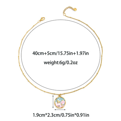 Women's Stainless Steel Gold Necklace With Pearl Zircon Flower Pendant Dripping Enamel Art Jewelry 💖🌸