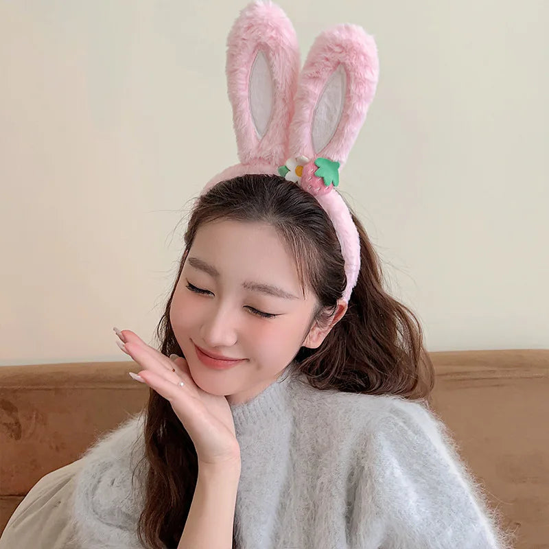 Kawaii Plush Strawberry Rabbit Ear Headband 🌸💖 Cute Fashion Accessory for Women & Girls – Perfect for Parties & Face Washing!