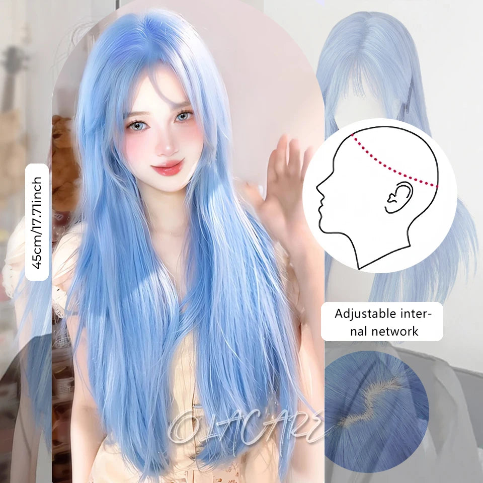 Enchanting Ombre Kawaii Wig 🌈✨ - Long Straight Lolita Style with Bangs in Glacier Blue & Blonde!